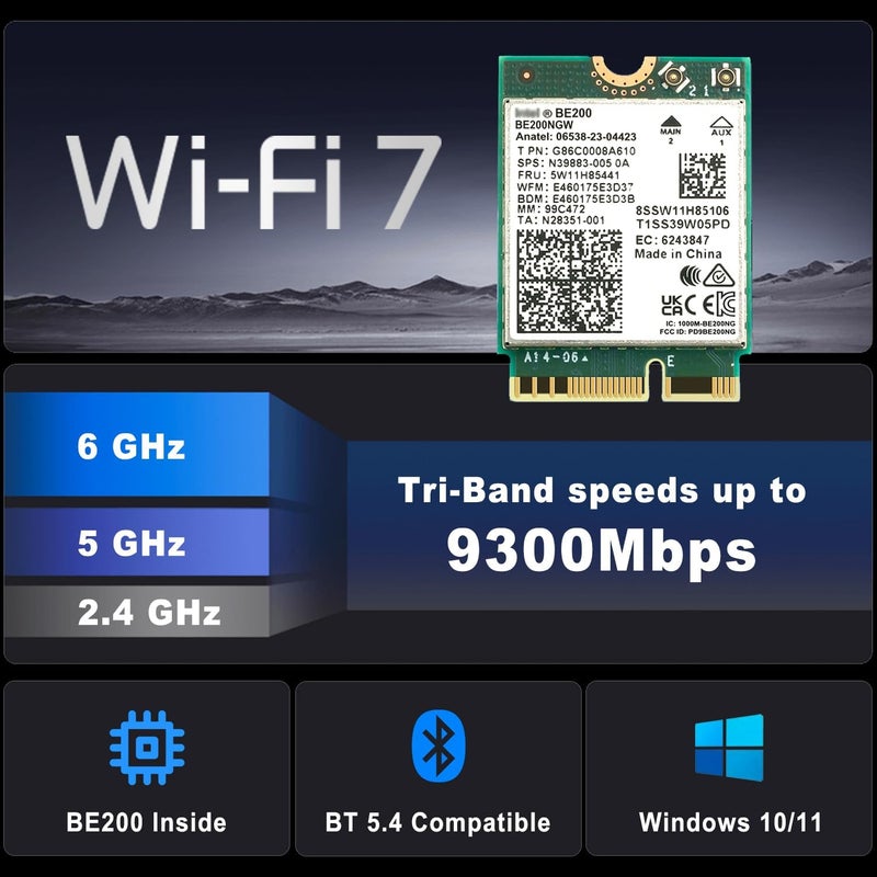 OKN WiFi 7 BE200NGW WiFi M.2 Card Tri-Band 802.11be WiFi Module, 6-Stream 9.3Gbps, Bluetooth 5.4, 4K QAM, 320MHz, 802.11BE Adapter for Laptop and PC, Support Windows 10/11 64bit (Not Support All AMD CPU) - Image 2